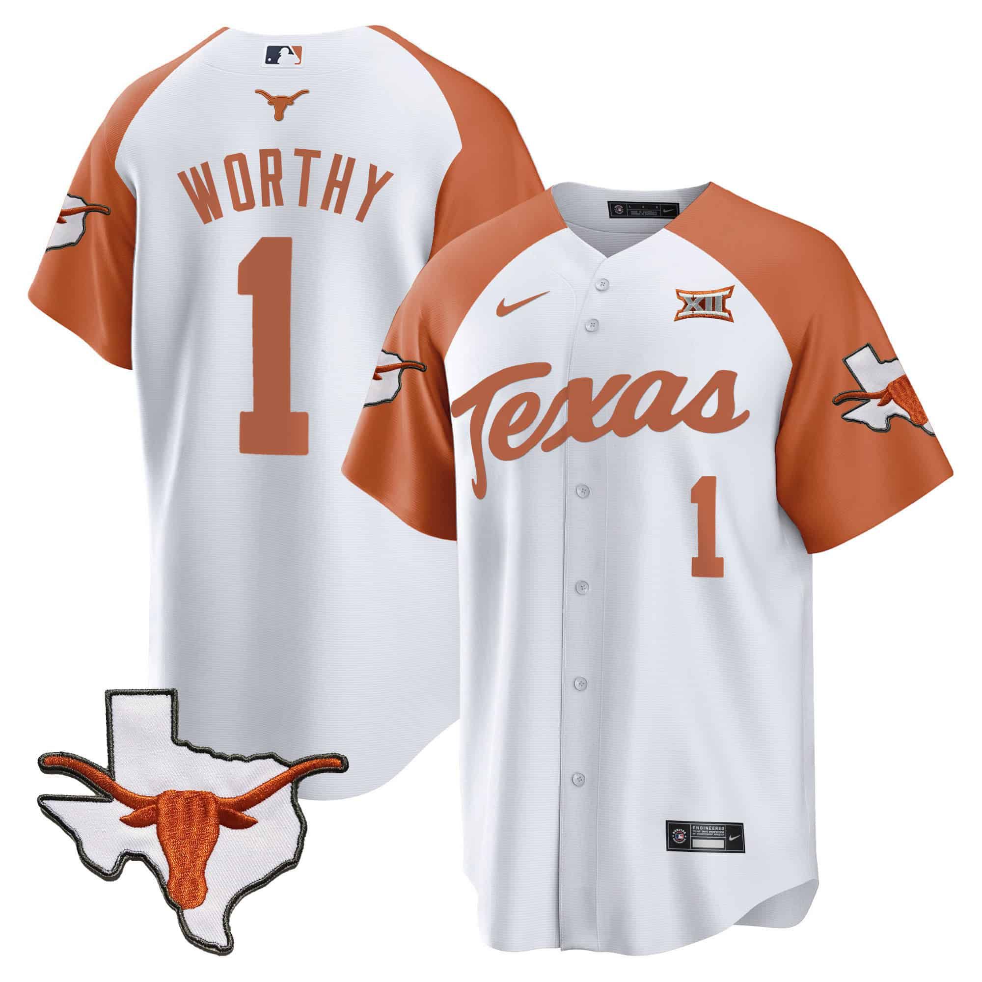 Men Texas Longhorns #1 Worthy White 2024 Baseball NCAA Jersey style 2